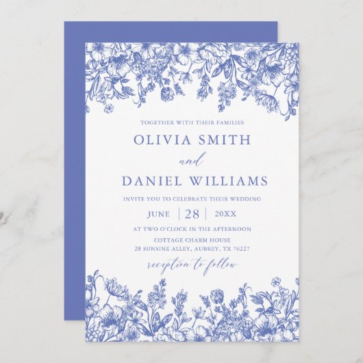 Elegant Blauw Bloemen  Botanische Bruiloft Kaart (Voorkant / Achterkant)