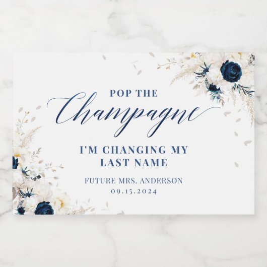 Elegant Blauw Bloemen Bruids Mousserende Wijn Labe Sparkling Wijnetiket (Enkel label)