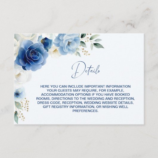 Elegant Blauw Bloemen Bruiloft Details Informatiekaartje (Voorkant)