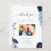 Elegant Blauw Bloemen Bruiloft Foto Dank u Kaart (Voorkant)