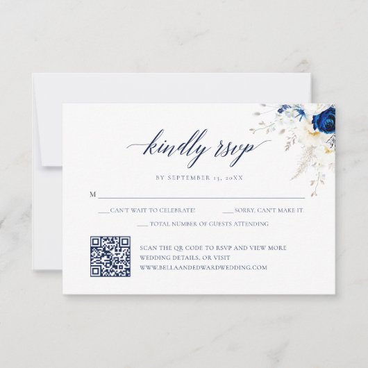 Elegant Blauw Bloemen Bruiloft QR Code RSVP Kaart (Voorkant)