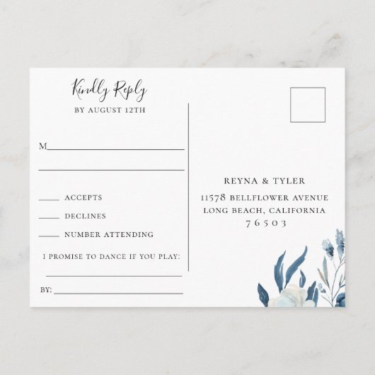 Elegant Blauw Bloemen Bruiloft RSVP Song Aanvraag Uitnodiging Briefkaart (Achterkant)