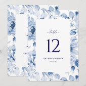 Elegant Blauw Bloemen Bruiloft Tafel Nummer Kaart (Voorkant / Achterkant)