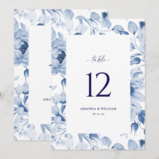 Elegant Blauw Bloemen Bruiloft Tafel Nummer Kaart (Voorkant / Achterkant)