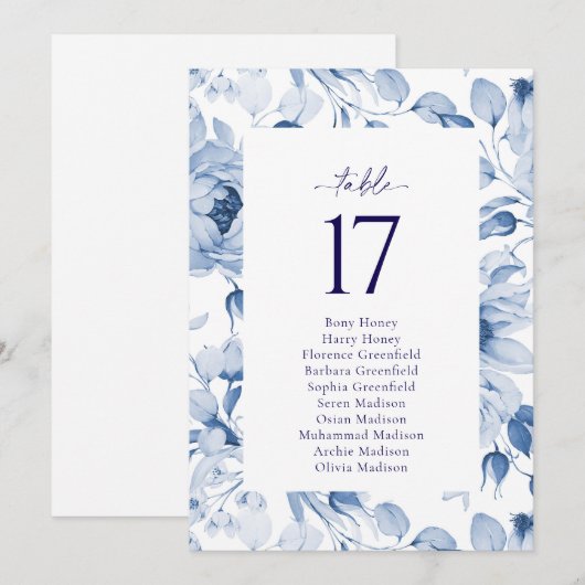 Elegant Blauw Bloemen Bruiloft Tafel Nummer Kaart (Voorkant / Achterkant)