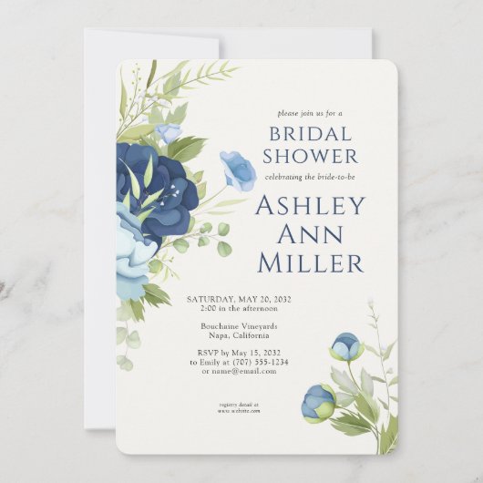 Elegant Blauw Bloemen Bruiloft Vrijgezellenfeest Kaart (Voorkant)