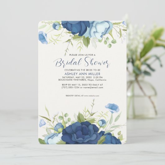 Elegant Blauw Bloemen Bruiloft Vrijgezellenfeest Kaart (Staand voorkant)