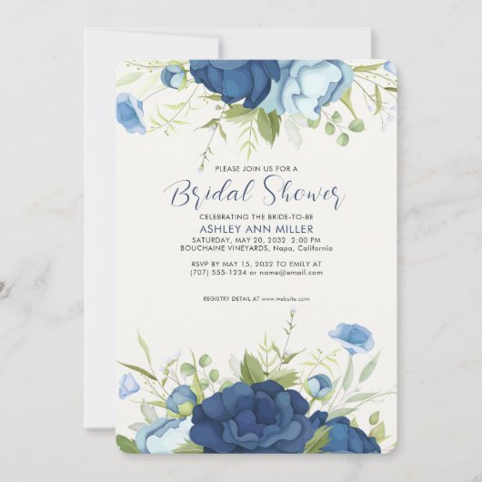 Elegant Blauw Bloemen Bruiloft Vrijgezellenfeest Kaart (Voorkant)