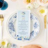 Elegant Blauw Bloemen Champagne Party Menu