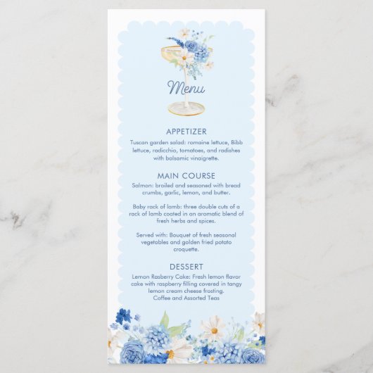 Elegant Blauw Bloemen Champagne Party Menu (Voorkant)