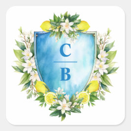 Elegant Blauw Bloemen Citroen Crest Monogram Bruil Vierkante Sticker