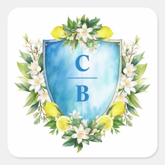 Elegant Blauw Bloemen Citroen Crest Monogram Bruil Vierkante Sticker (Voorkant)