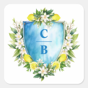 Elegant Blauw Bloemen Citroen Crest Monogram Bruil Vierkante Sticker