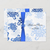 Elegant Blauw Bloemen Damast Lint Opslaan datum ka Aankondigingskaart (Voorkant / Achterkant)
