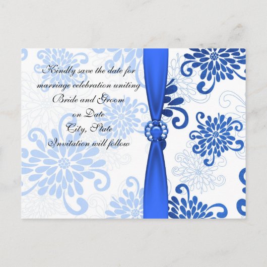 Elegant Blauw Bloemen Damast Lint Opslaan datum ka Aankondigingskaart (Achterkant)