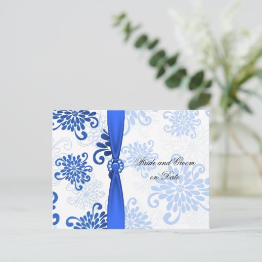 Elegant Blauw Bloemen Damast Lint Opslaan datum ka Aankondigingskaart (Staand voorkant)