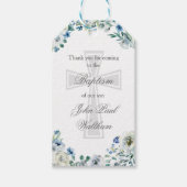 Elegant Blauw Bloemen Doop Religieus Kruis Cadeaulabel (Voorkant)