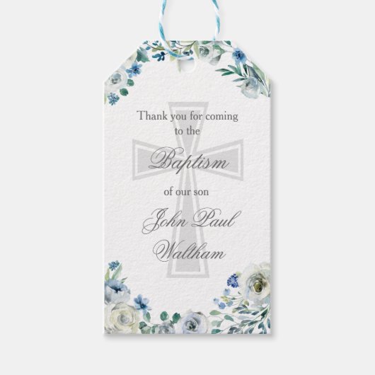 Elegant Blauw Bloemen Doop Religieus Kruis Cadeaulabel (Voorkant)