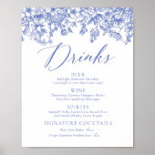 Elegant  Blauw Bloemen Drinken Menu Sign Poster (Voorkant)