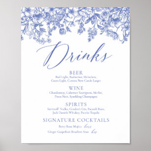 Elegant  Blauw Bloemen Drinken Menu Sign Poster