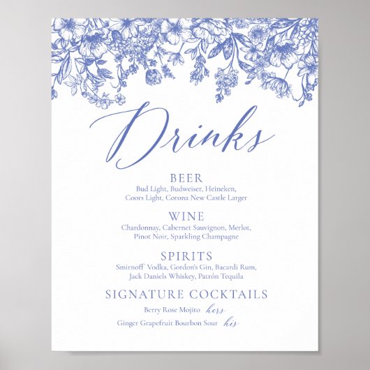 Elegant  Blauw Bloemen Drinken Menu Sign Poster (Voorkant)