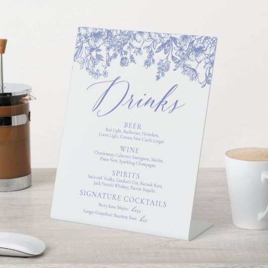 Elegant  Blauw Bloemen Drinken Menu Sign Reclamebord Met Voetstuk (Insitu)