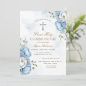 Elegant Blauw Bloemen Eerste Heilige Communie Kaart (Staand voorkant)
