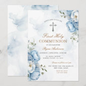 Elegant Blauw Bloemen Eerste Heilige Communie Kaart (Voorkant / Achterkant)