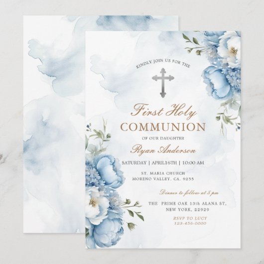 Elegant Blauw Bloemen Eerste Heilige Communie Kaart (Voorkant / Achterkant)
