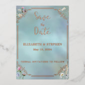 Elegant Blauw Bloemen Folie Save the Date Kaart (Voorkant)