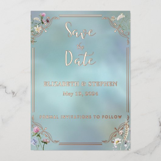 Elegant Blauw Bloemen Folie Save the Date Kaart (Voorkant)