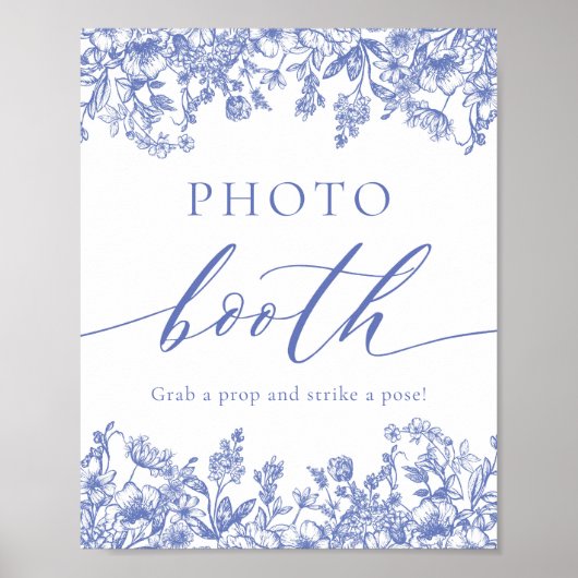 Elegant  Blauw Bloemen Foto Booth teken Poster (Voorkant)
