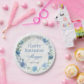 Elegant Blauw Bloemen Gelukkige Verjaardag Papieren Bordje (Feest)