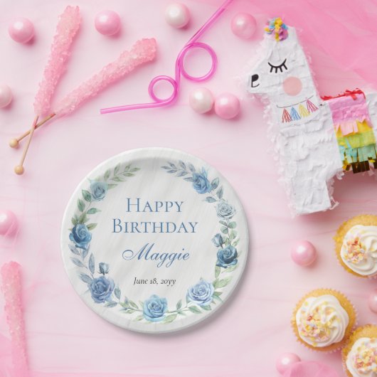 Elegant Blauw Bloemen Gelukkige Verjaardag Papieren Bordje (Feest)