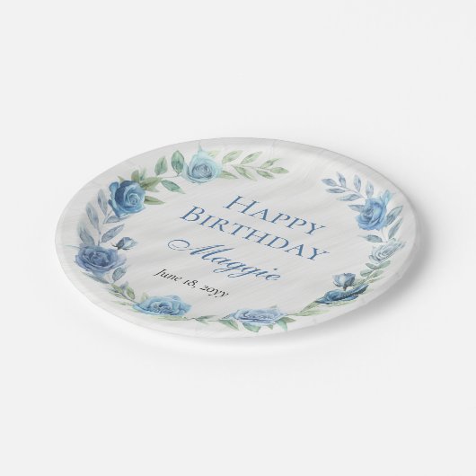 Elegant Blauw Bloemen Gelukkige Verjaardag Papieren Bordje (Gekanteld)