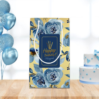 Elegant Blauw Bloemen Goud Gelukkige Verjaardagsna Klein Cadeauzakje
