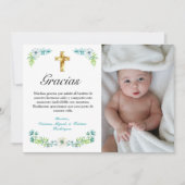 Elegant Blauw Bloemen Gouden Kruis Spaans Doop Bedankkaart (Voorkant)