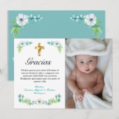 Elegant Blauw Bloemen Gouden Kruis Spaans Doop Bedankkaart (Voorkant / Achterkant)