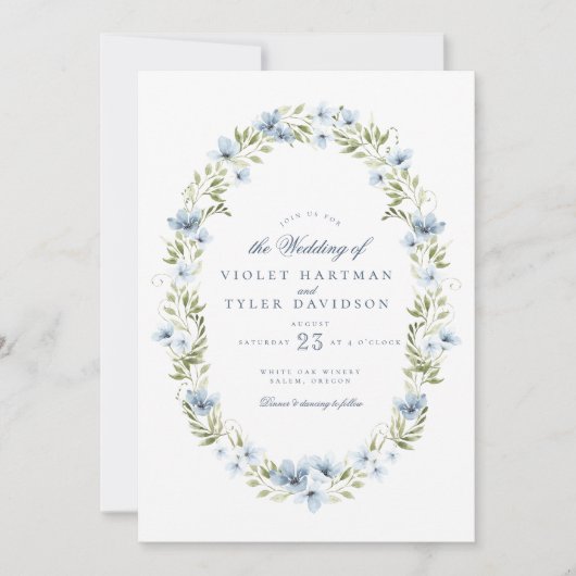 Elegant Blauw Bloemen Groen Krans Bruiloft Kaart (Voorkant)