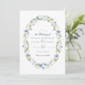 Elegant Blauw Bloemen Groen Krans Bruiloft Kaart (Staand voorkant)