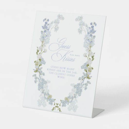 Elegant Blauw Bloemen Hoeveel Kisses Vrijgezellenf Reclamebord Met Voetstuk (Voorkant)