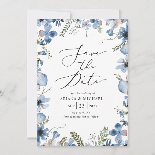Elegant Blauw Bloemen Huwelijksfoto Save The Date Kaart (Voorkant)