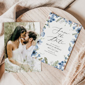 Elegant Blauw Bloemen Huwelijksfoto Save The Date Kaart