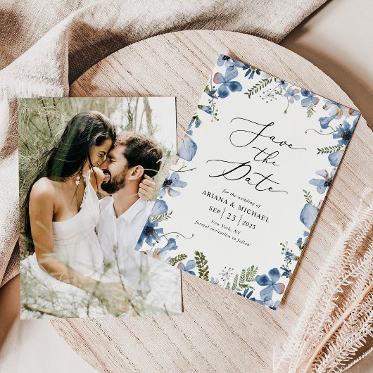 Elegant Blauw Bloemen Huwelijksfoto Save The Date Kaart