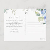 Elegant Blauw Bloemen Hydrangea Bruiloft Dank u Briefkaart (Achterkant)