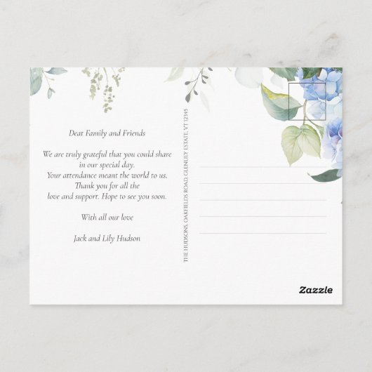Elegant Blauw Bloemen Hydrangea Bruiloft Dank u Briefkaart (Achterkant)