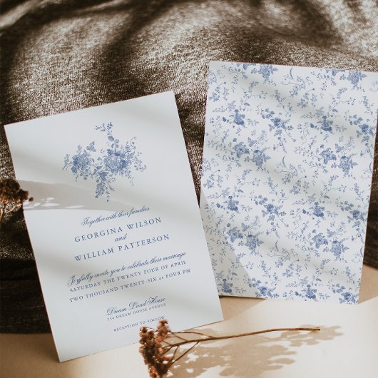 Elegant  Blauw Bloemen Jouy Bruiloft Kaart