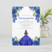 Elegant Blauw Bloemen Jurk Quinceañera Uitnodiging (Staand voorkant)