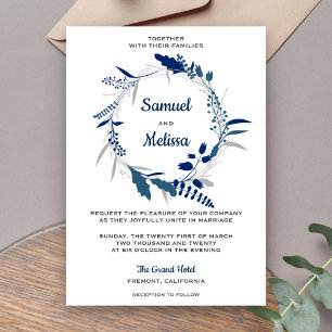 Elegant Blauw Bloemen Krans Bruiloft Uitnodiging