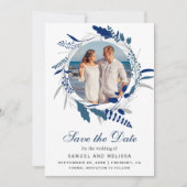 Elegant Blauw Bloemen Krans Foto Save the Date (Voorkant)